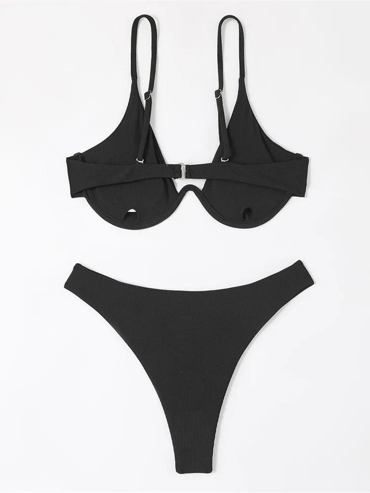 Sexy Underwire Bikini 2025 Women Black White Ribbed Push Up Micro Swimsuit Brazilian Hollow Out Bathing Suit Thong Swimwear