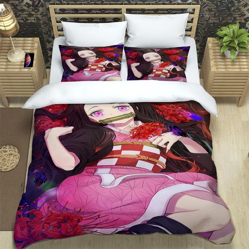 Japanese Manga Demon Slayer Personalized Customization Bedding Set Soft Duffel Cover Pillowcase Comic Adolescent Sheet Set