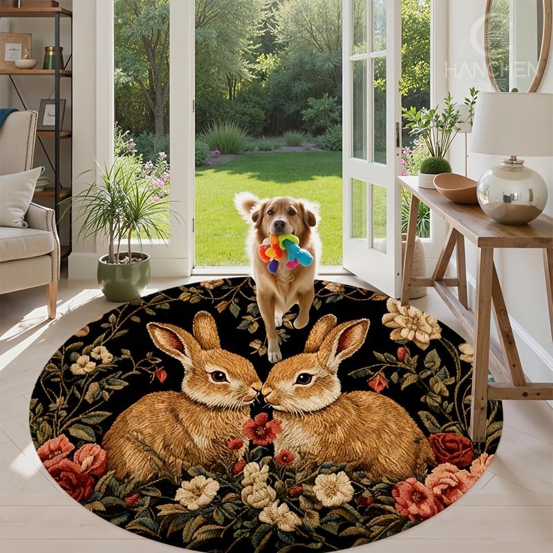 1Pcs Retro Oil Painting Style Bunny Round Carpet Soft Non-Slip Area Rug Colorful Floral Mat for Bedroom Entryway Decor