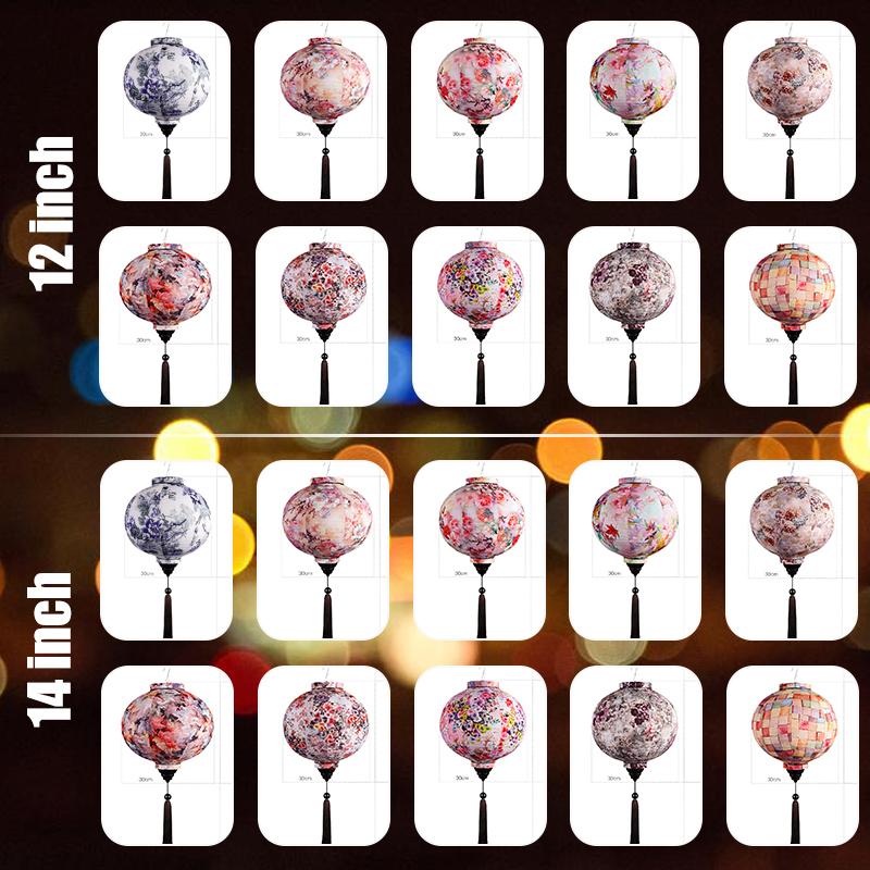 12/14inch Traditional Chinese Style Flower Printing Silk Lantern Outdoor Spring Festival Decor Vietnam Mid-autumn Round Lantern