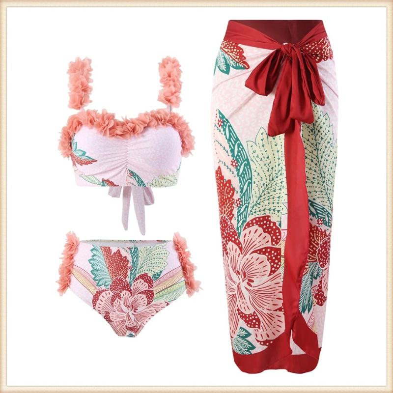 Split Lace Up Bikini & Beach Skirt 2026 Women 3 Piece Vintage Print Swimwear Push Up Swimwear Female Bathing Swimming Swimsuit S