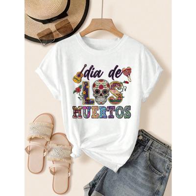 Women Round Neck Short Sleeve Creative Skull Pattern T-Shirt