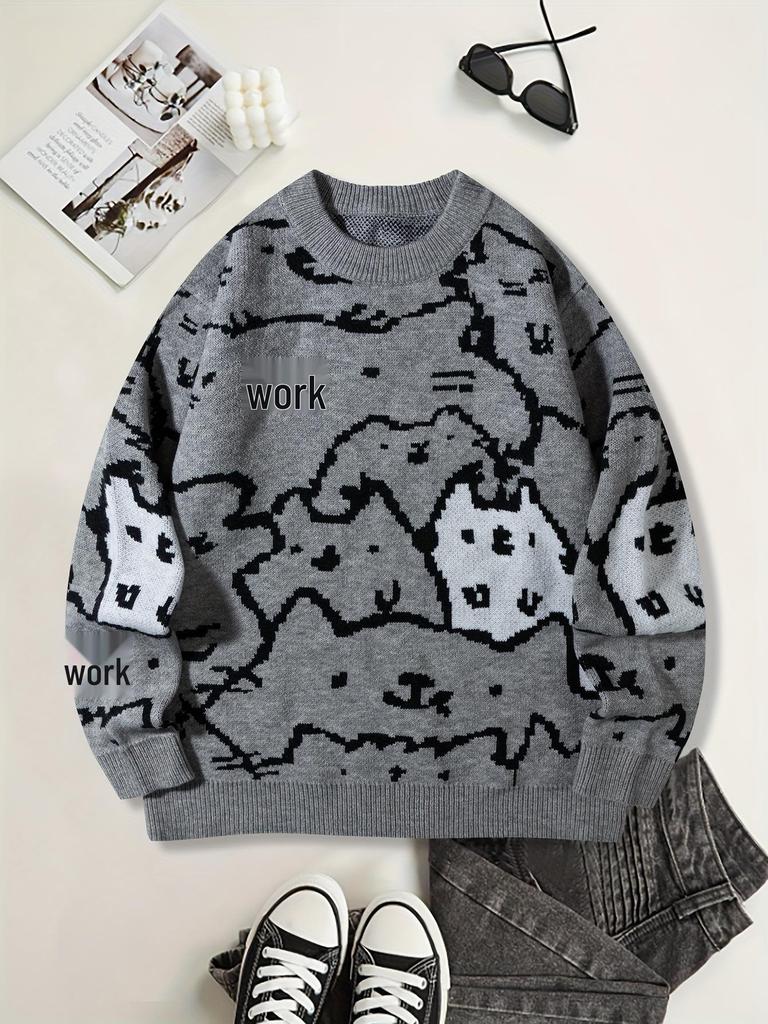 Men's Cute Cat Print Knit Pullover - Stylish Fall/Winter Round Neck Sweater