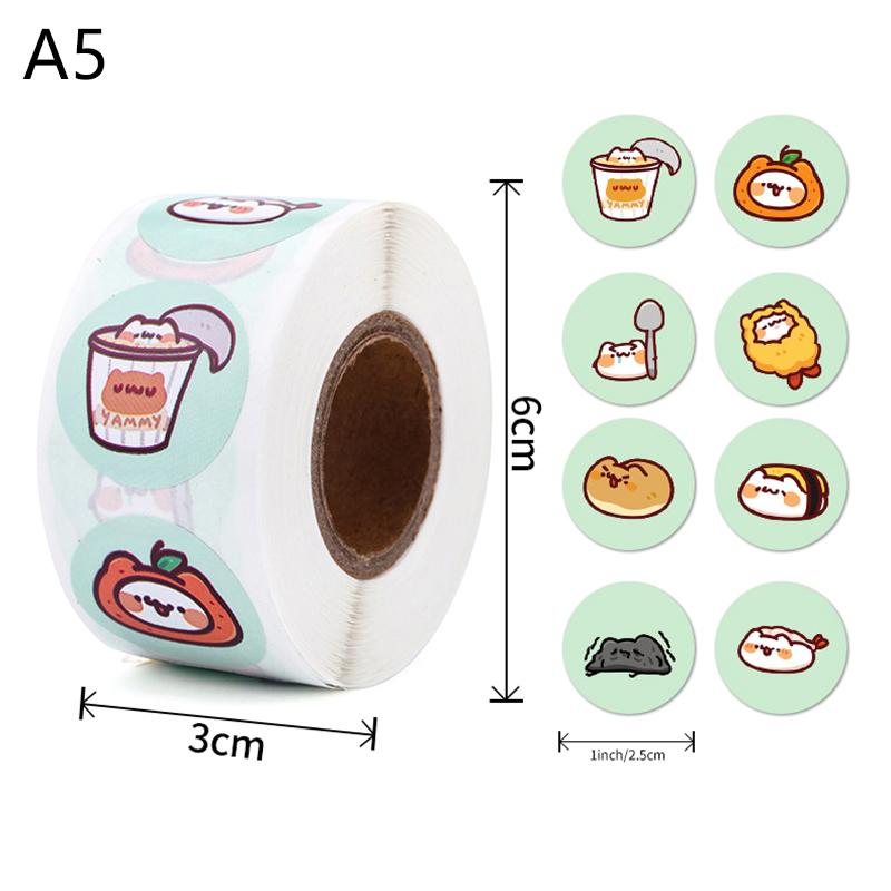 500Pcs/Roll 2.5Cm/1Inch Circular Cute Cartoon Sushi Pattern Decorative Sticker Baked Dessert Lunch Box Label Decor Sticker