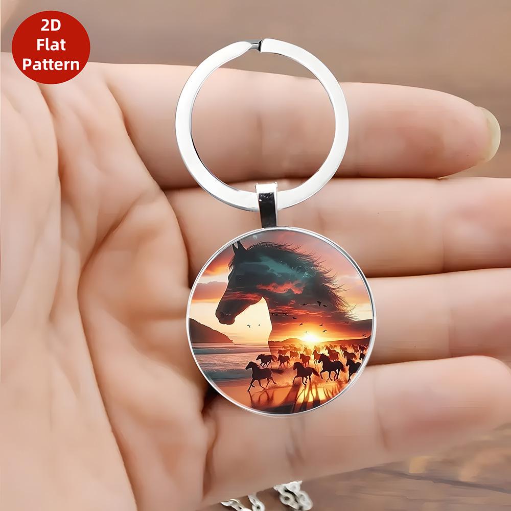 Running Horse Pattern Round Metal Keychain Pendant – Popular Small Gift.