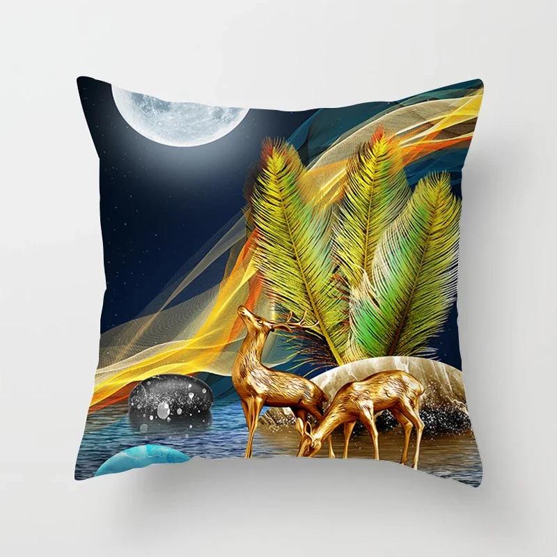 Black Gold Drawing Leaf Elk Tree Bird Butterfly Printed Square Pillowslip Polyester Cushion Cover Pillowcase Living Room Home