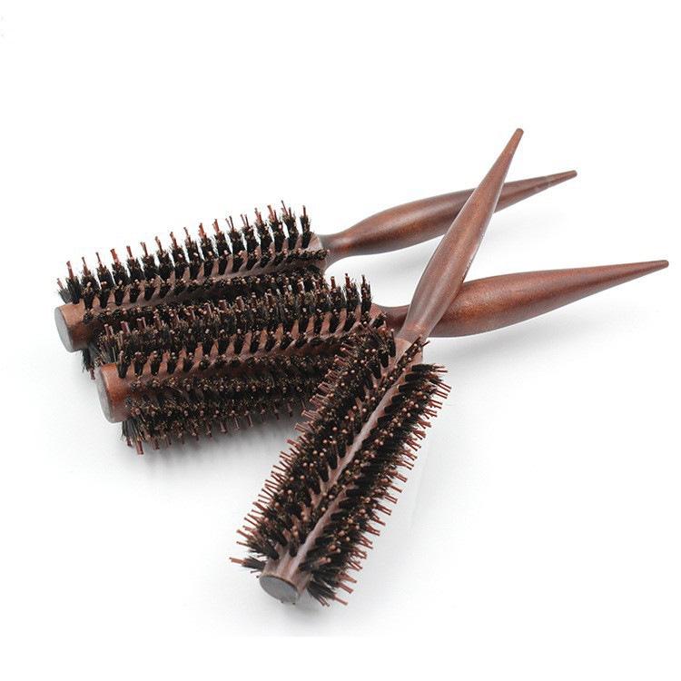 Children's Pig Bristle Round Hair Brush – Wood Handle, Curling Comb, Scalp Massage & Volume Styling for Boys