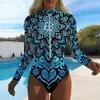 Women Long Sleeve One Piece Swimsuit Zip Front  Fluid Realism  Print Rash Guard Surfing Bathing Suit