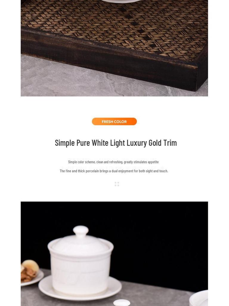 Pure White Ceramic Stew Pot with Lid - Chinese Shaxian Style Soup & Steam Pot, Gold Rimmed.