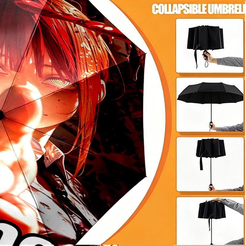 Custom Name Personalized Makima Chainsaw Man Print Umbrella, Auto Open Close, 8‑Rib Sturdy Frame, Commute Camping Hiking Use, Birthday Gift