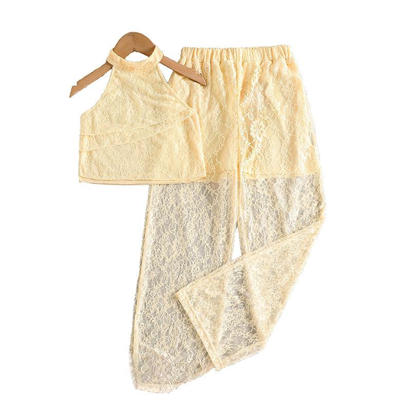 Girls' Fashionable Summer Outfit - Children's Sweet Sleeveless Top with Lace Detailing, Plus Wide-leg Pants Set