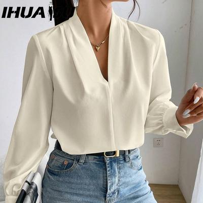 Spring and Winter Long Sleeve Shirt Design Sense V-neck Solid Color Loose Top Autumn Shirt