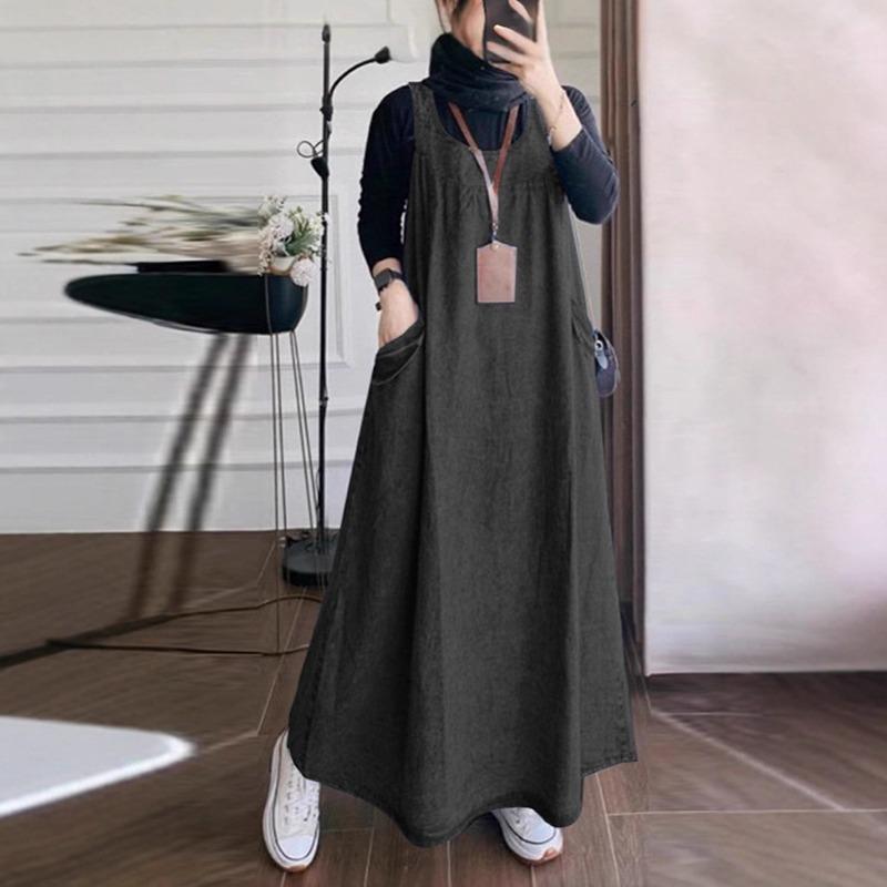 Summer Autumn Overalls Dress Muslim Sundress Robe Femme Vintage Straps Solid A Line Denim Blue Vestidos Kaftan