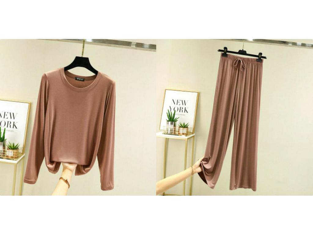 Damski jesienny zestaw piżamowy z bawełny modalnej – bluzka z długim rękawem i spodnie z szerokimi nogawkami