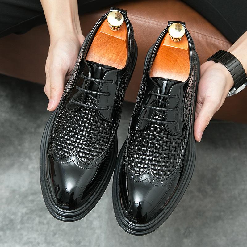 Large Size Casual Leather Shoes Men's Shoes British Men's Business Dress Trend Hollow Breathable Korean Version Leather Shoes Men