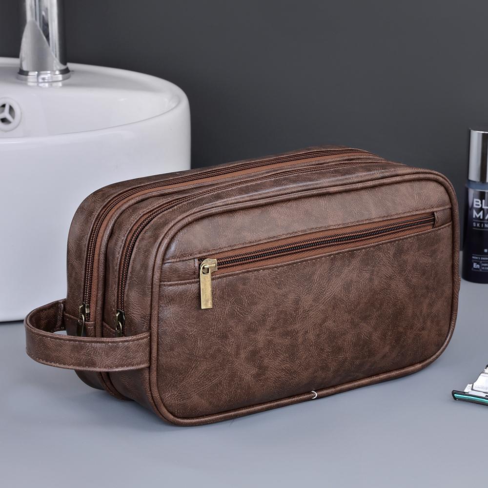 

Double-Layer Toiletry Bag for Women Men PU Leather Travel Wash Organizer Dopp Kit Water-resistant Shaving Cosmetic Bag Strorage кавовий