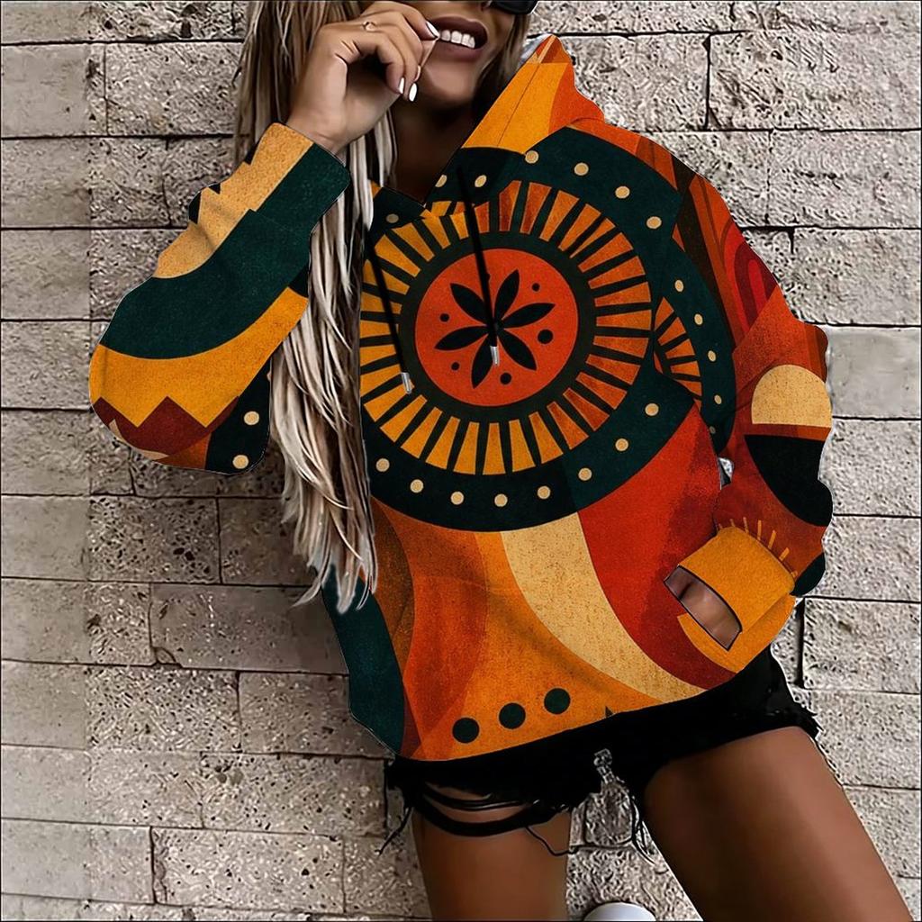 Women Plus Size Long Sleeve Drawstring Hoodie Green Yellow Orange Abstract Printed Kangaroo Pocket Pullover