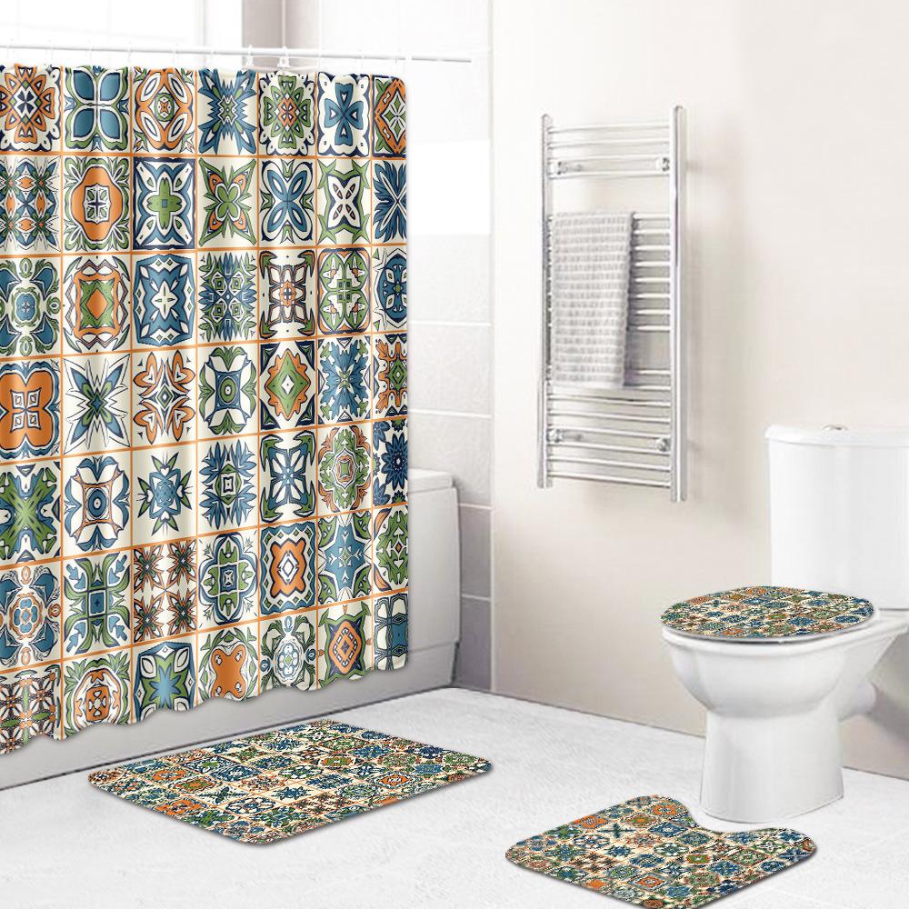 Retro Geometric Bathroom Four-Piece Waterproof Shower Curtain Bedroom Non-Slip Carpet Floor Mat Door Mat