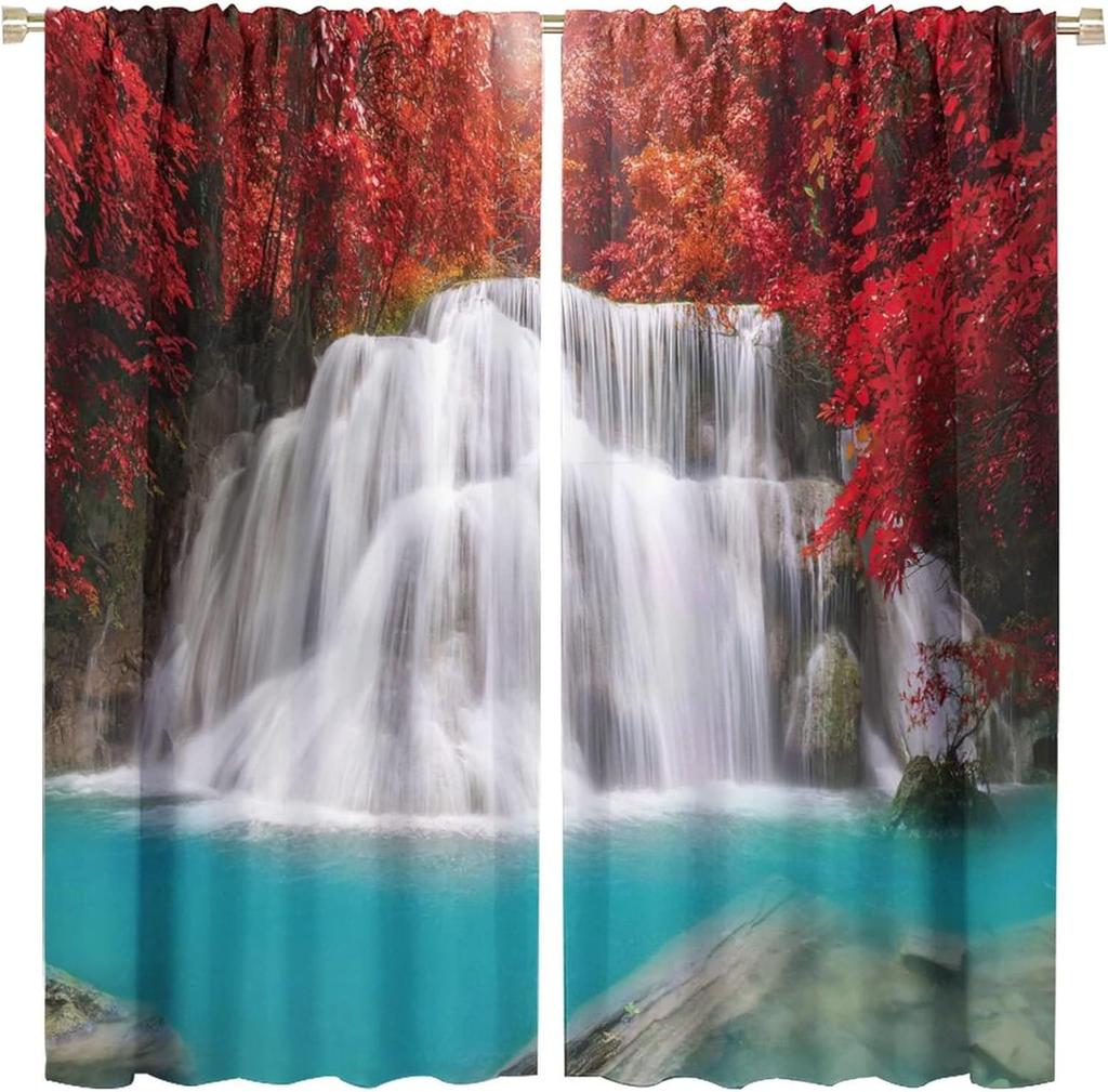 Blackout Red Forest Waterfall Windows Curtains Tree Landscape Woodland Scenic Nature Fall Scenery Art Printed Curtain Made Of Polyester Washable