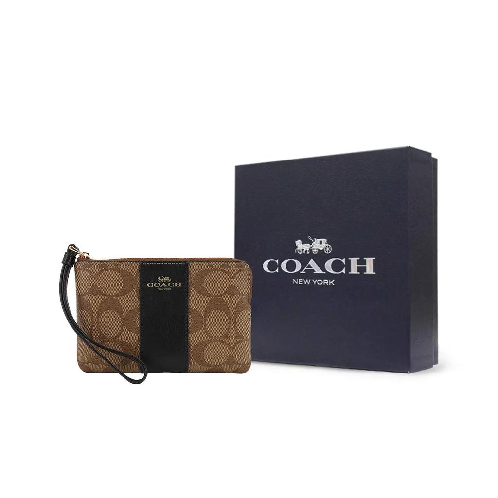 COACH Corner Zip Leather Pochette Clutch Coin Wrist Bag Wallet Small Women's Black Brown (Unisex) Wallets 58035 IMCBI