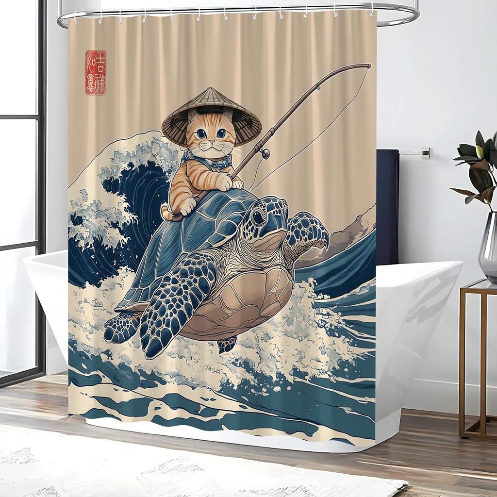 Japanischer Katzen-Duschvorhang Niedliche Katze reitet auf Schildkröte Vintage Blau Ozeanwellen Asiatisches Abstraktes Meerestier Lustige Badezimmer Vorhänge