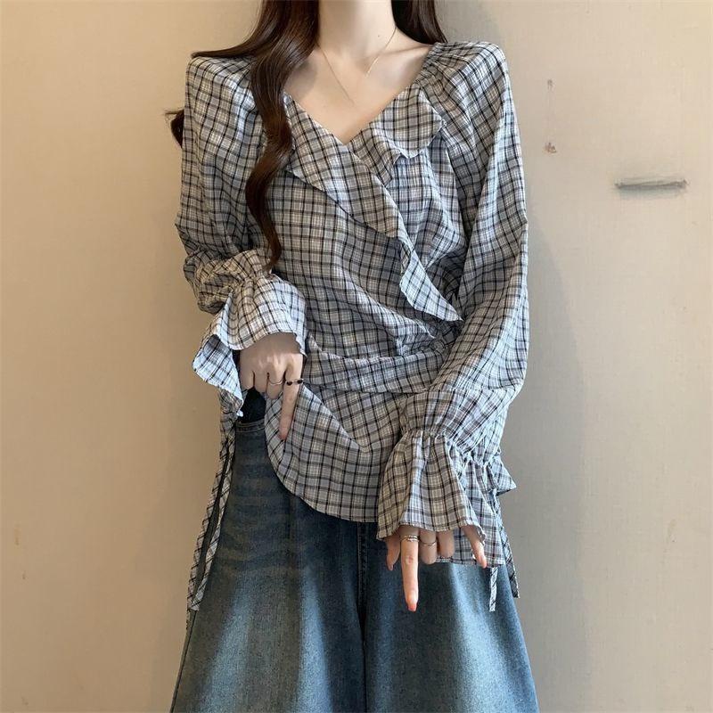 Lace Up Checkered Famale Shirt Korean Style Casual V-neck Ladies Long Sleeved Shirts Autumn New Trendy Daily Commuting Women's Blouse