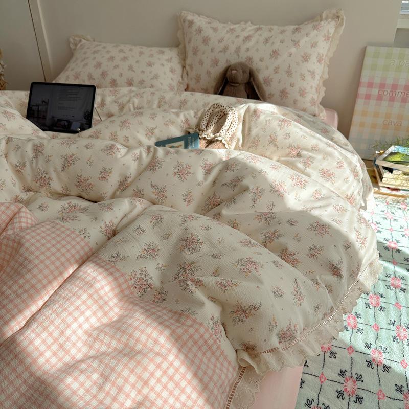 Seersucker Floral Bedding Four-piece Set Washed Skin-friendly Breathable Sheets Quilt Cover Pillowcase
