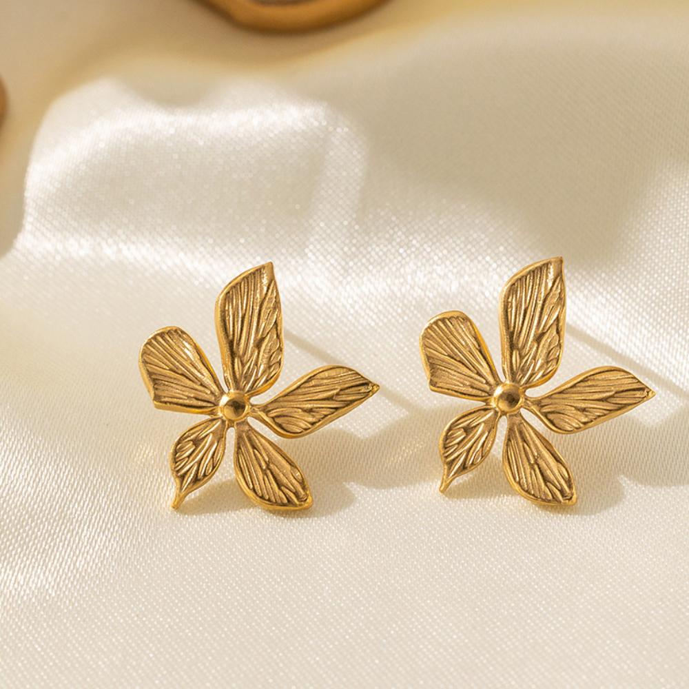 Trendy Golden Flower Stud Earrings Stainless Steel Metal Jewelry Simple Texture Floral Earrings Gifts for Women Waterproof