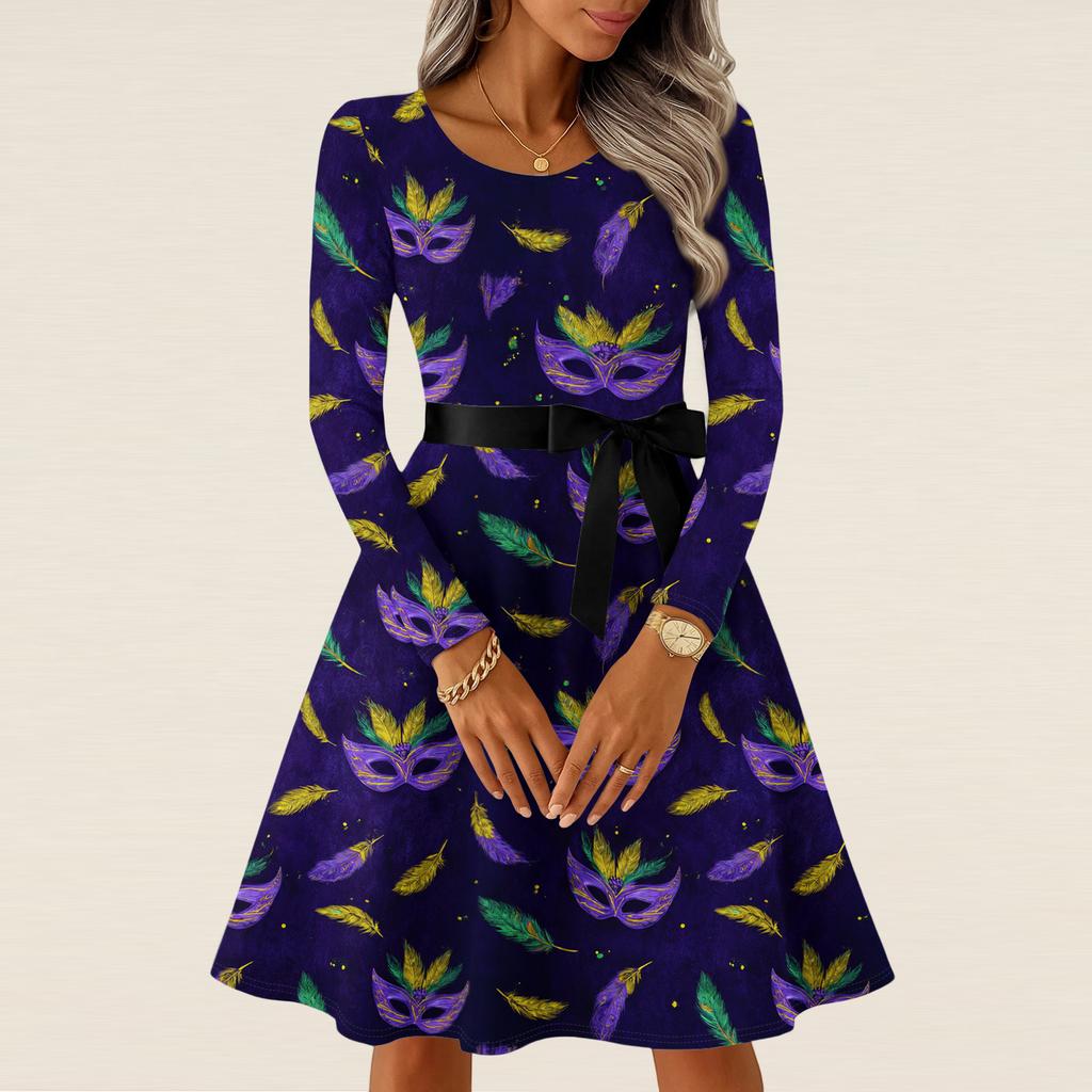 Damen Casual Mode Langarm Vintage Lange Kleider