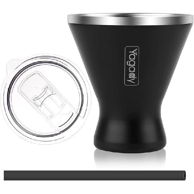 Stainless Steel Martini Tumbler with Lid & Cuttable Silicone Straw - 10oz Vacuum Sealed Insulated Martini Glass - Elegant Design Margarita Glass for