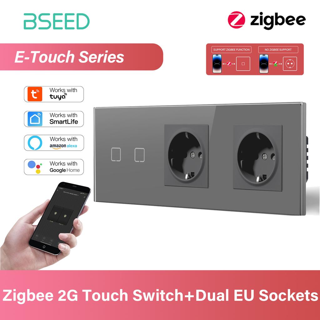 BSEED 1/2/3/4Gang Zigbee Touch Switch Glass with EU Sockets Smart Wall Light Switch Touch Screen Backlight E Series
