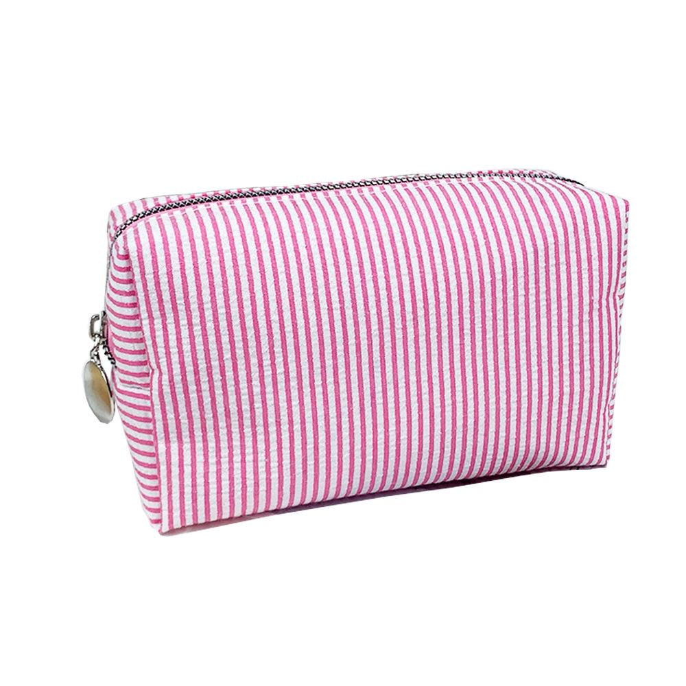Seersucker Makeup & Toiletry Bag: Large Capacity, Embroidered, Striped Travel Clutch