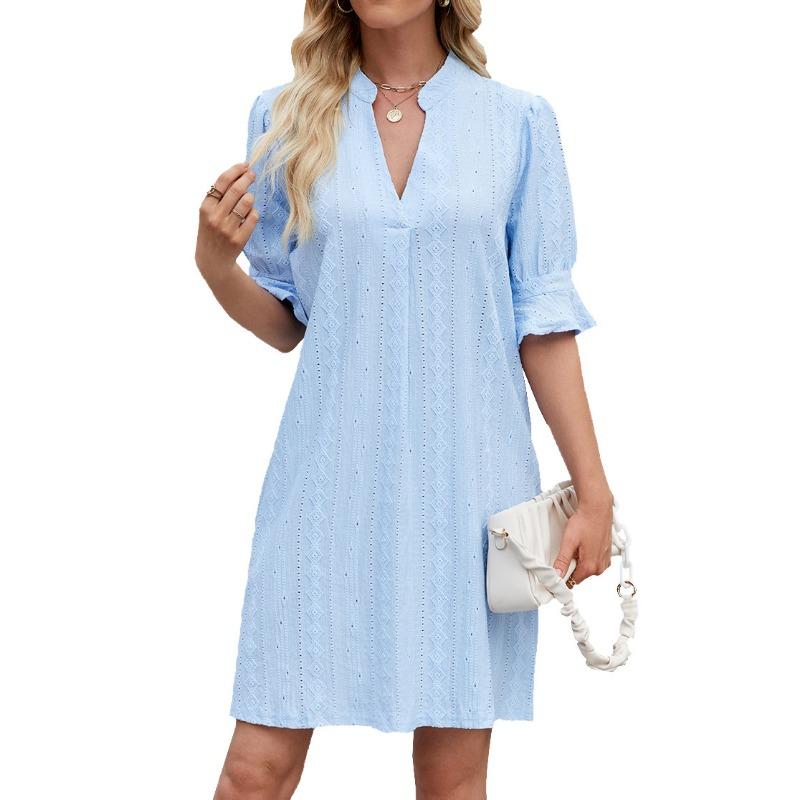 

Женское летнее платье с V-образным вырезом и рукавом пять четвертей, однотонное, плиссированное S небесно-голубой