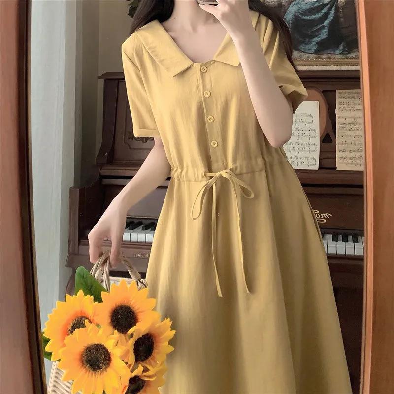 Robe d'été à revers et taille fine style Mori Girl pour femme (2023) 4XL jaune