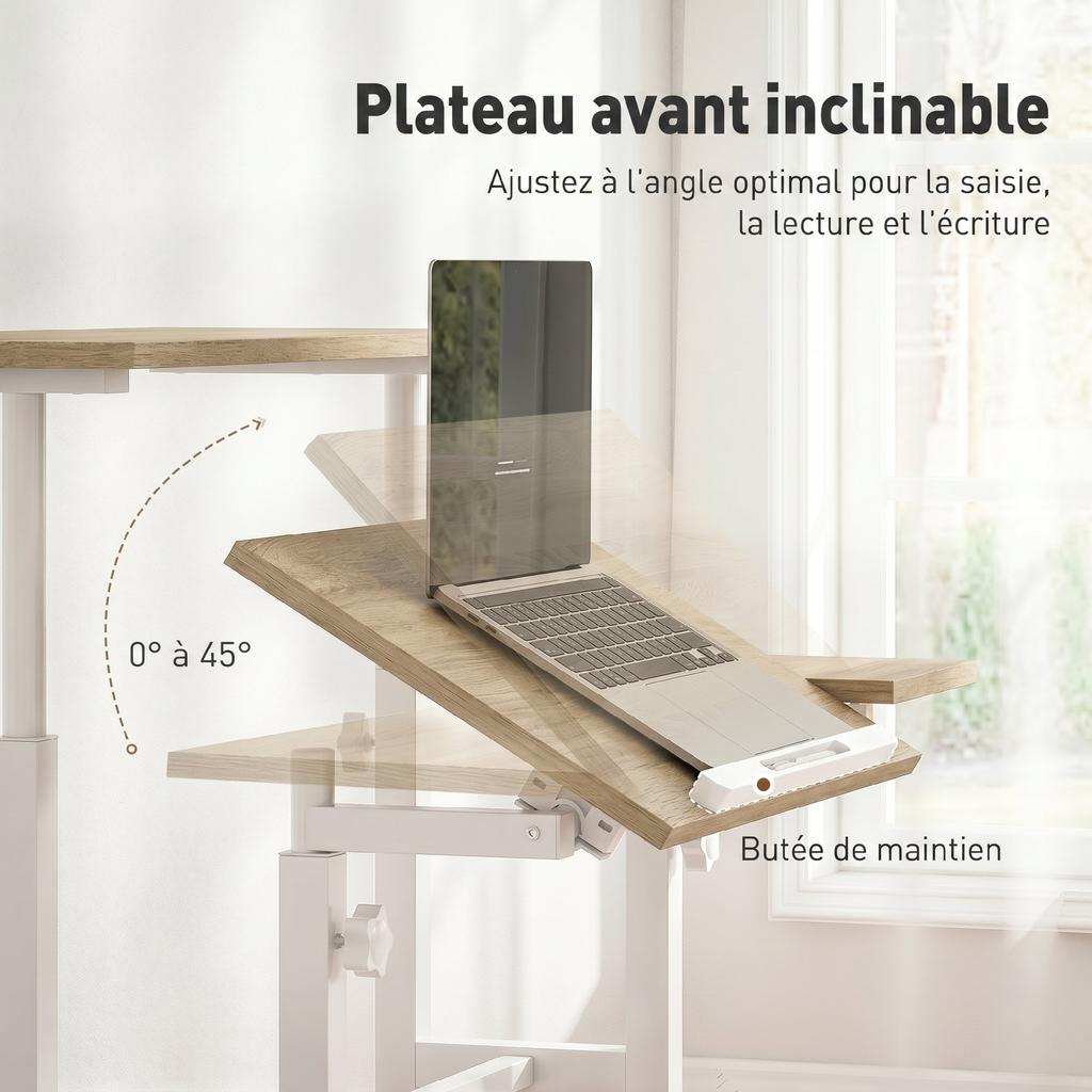 Sit-Stand Desk, Height Adjustable, 70 x 60 cm, Casters, Tilting Top, Brown Metal Frame