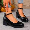 2025 Plus Size Mary Janes Women's High Heels Round Toe Buckle Strap Chunky Heels Shallow Pumps for Retro Office & Career Shoes