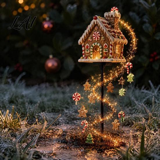 Weather Resistant Christmas Garden Strips Solar Outdoor Light Stake Light, Cute Gingerbread House/Elf Boy/Bear