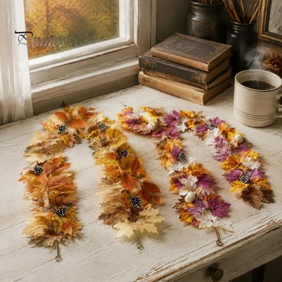 Holiday Gifts for Family Artificial Fall Maple Leaf Wreath, Autumn Vine with Pine Cones Pumpkins, Reusable Realistic Orange Red Leaves Hanging