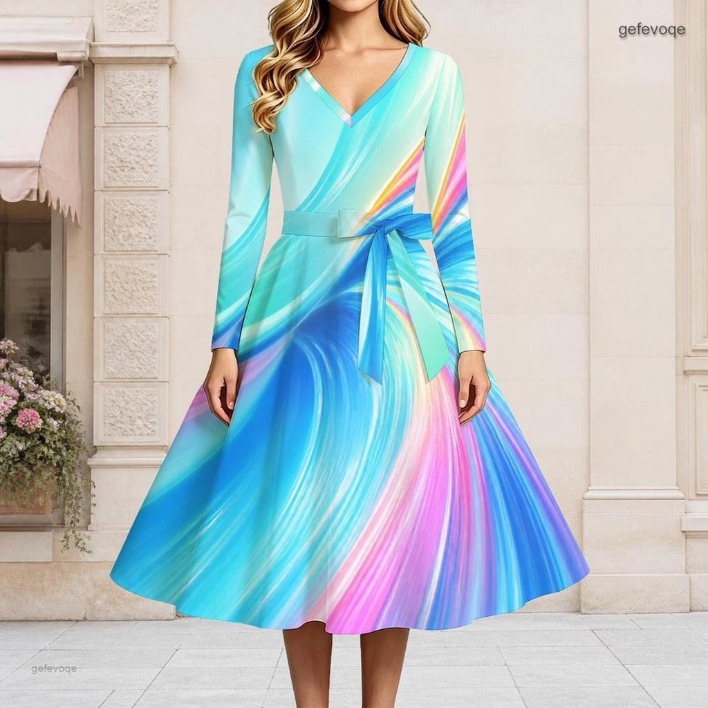 Women s Plus Size V Neck Long Sleeve Printed Black Gold Gray A Line Dress With Waist Belt