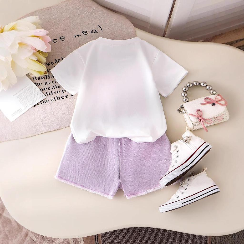 Girls Fashion Set Summer Children Casual Round Neck Love Bow Top Ripped Jeans Set