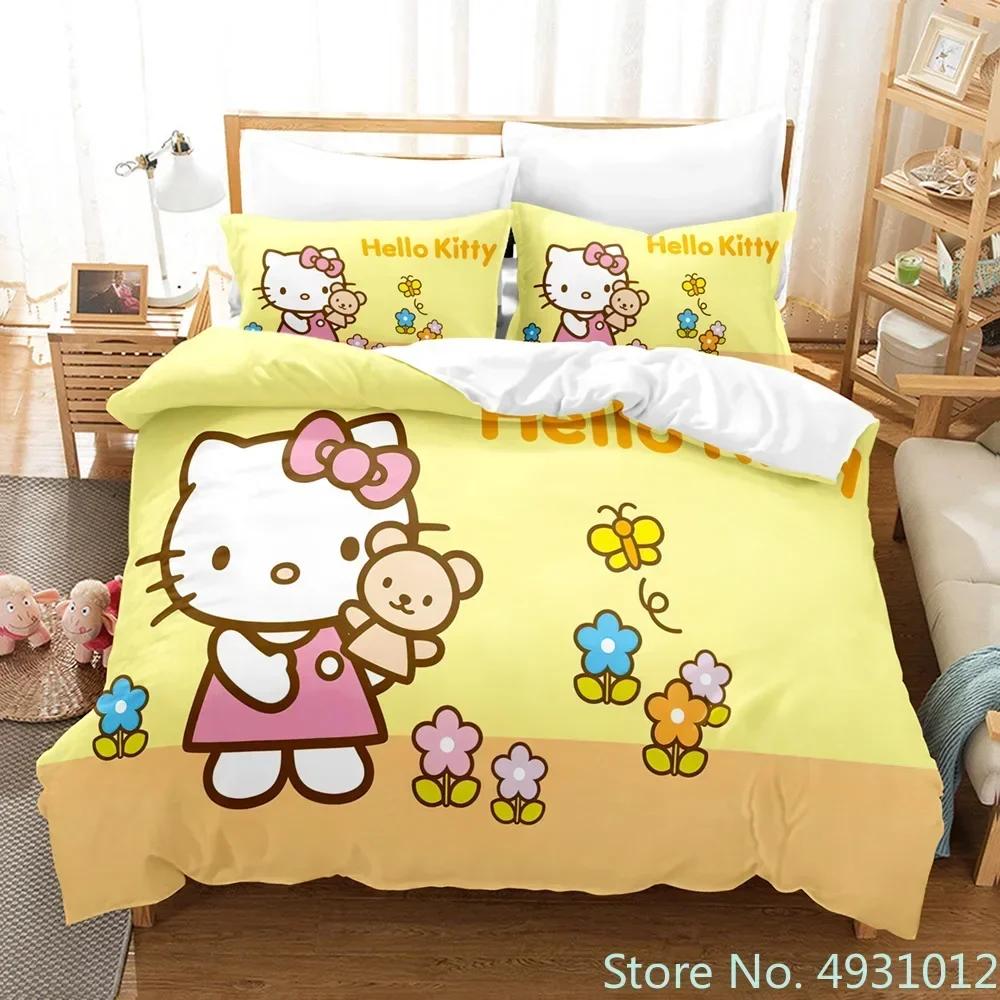 Carino set biancheria da letto Hello Kitty Angelo Federa Anime Giapponese Biancheria da letto Copripiumino Stampato 3D Copripiumino Regalo per Bambini Bambino