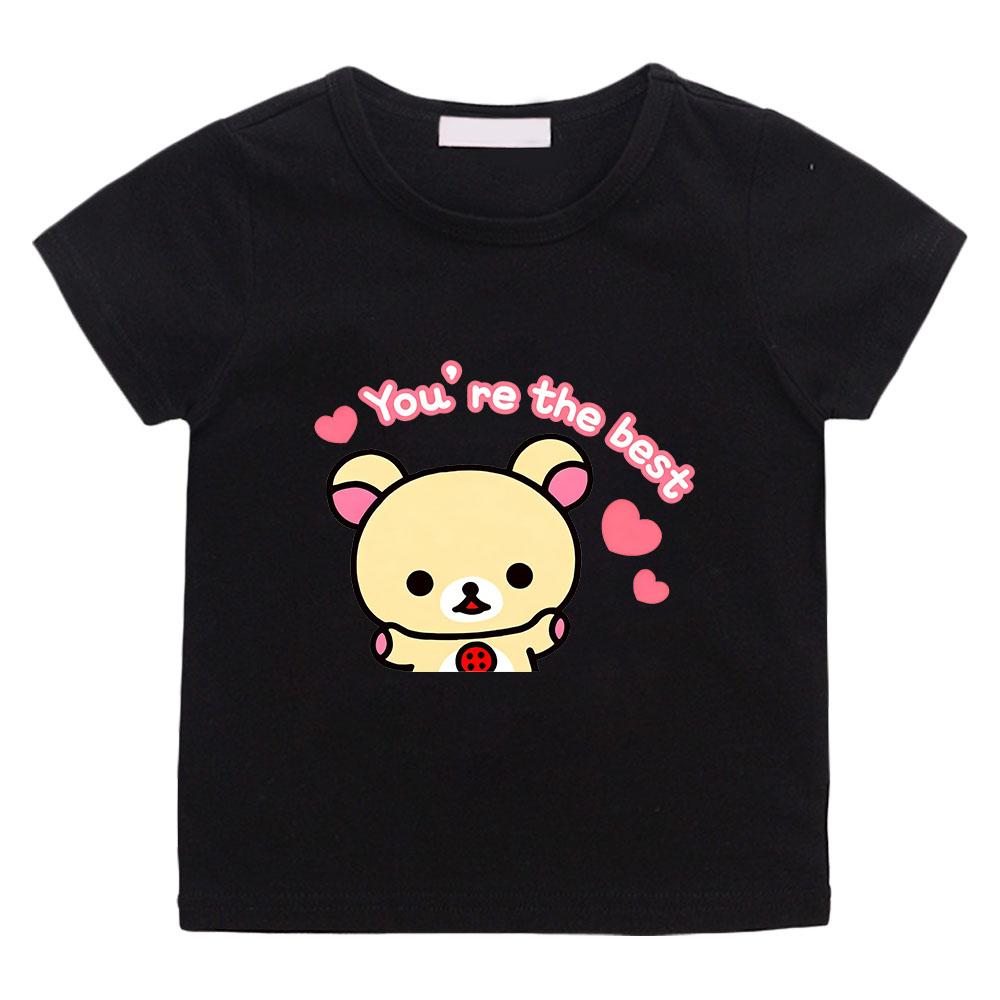 

100% Cotton Rilakkuma Cartoon Print T-shirt Kawaii Tops Boys Girls Kids Clothing Manga Comic Short Sleeves Sports Cute Toddler 100 чёрный