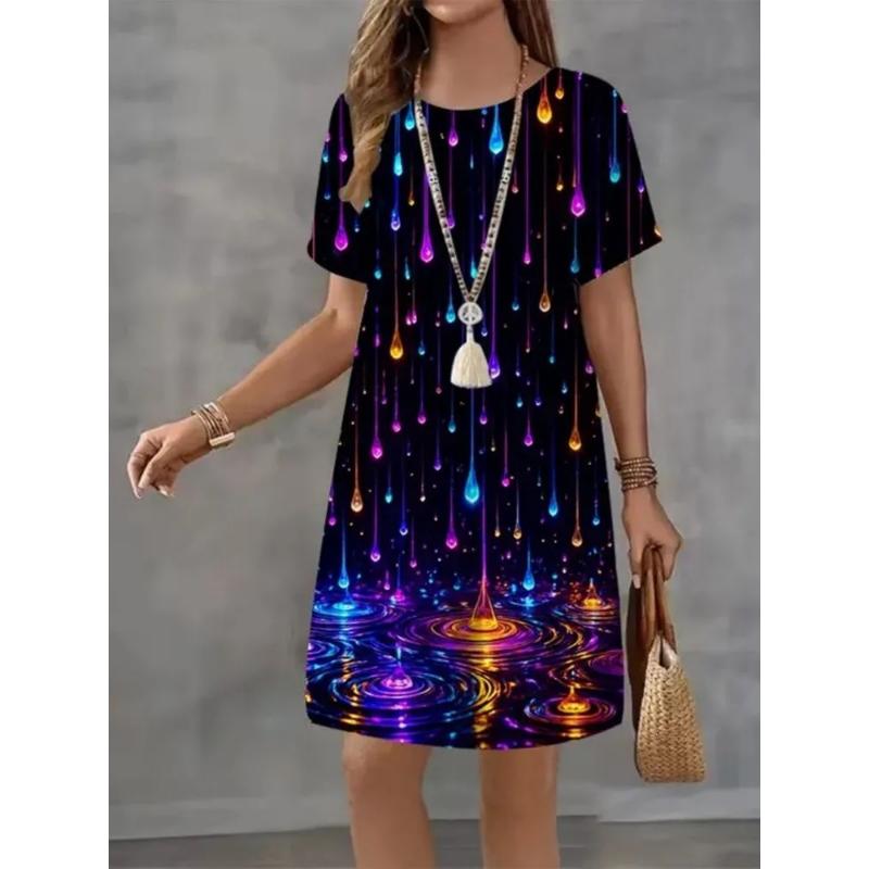 Fashion Women's Crew Neck Dress 3D Casual Color Printing Casual Dress Crew Neck Dress