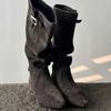Sheepskin Version~ Pile Boots Belt Buckle Skinny Boots Pointed Low Heel Retro Western Cowboy Boots Female Knight Boots