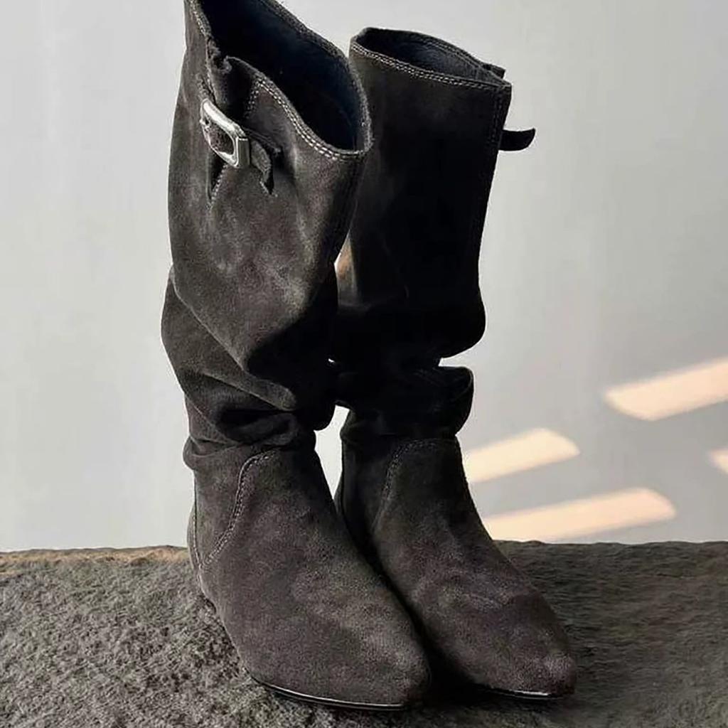 Sheepskin Version~ Pile Boots Belt Buckle Skinny Boots Pointed Low Heel Retro Western Cowboy Boots Female Knight Boots
