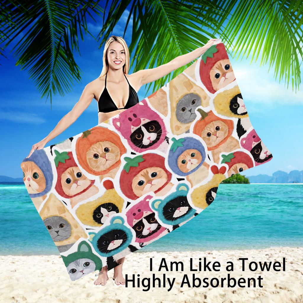 1 Piece Cute Cartoon Cat Printed Bath Towel Quick Drying Beach Towel, Lightweight Swimming Bath, Outdoor Travel Machine Washable