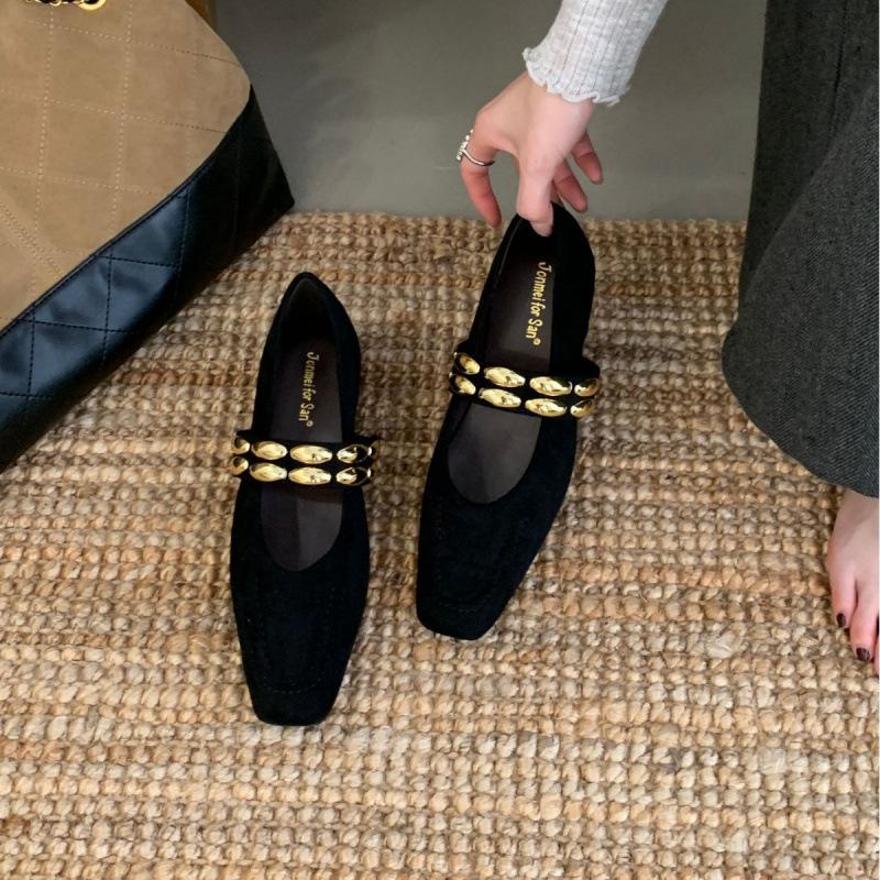 2025 autumn and winter new square head suede thick low heel light mouth versatile metal buckle decorative soft sole women's single shoes