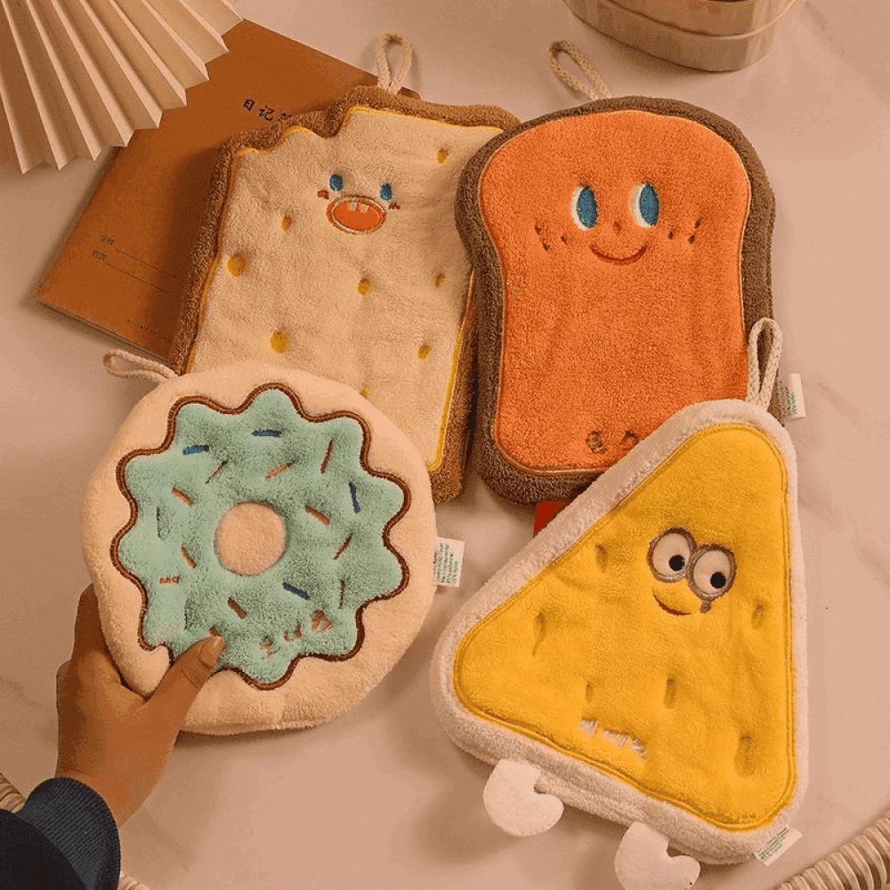 1 Pc Cheese Coral Velvet Hand Wipes Cute Soft Absorbent Towel Kitchen Bathroom Bread Toast Slices Cookie Doughnut Hand Wipes