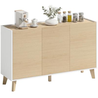Kitchen Buffet, Nordic Storage Unit, 3 Soft-Close Doors, 6 Compartments, Natural Wood and White