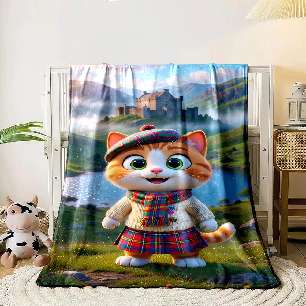 

Scottish-themed cat in tartan attire, set in a scenic highland landscape. for all seasons blanket lunch break throw gift 80cm x 120cm